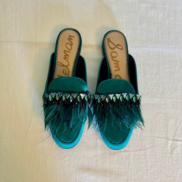 Sam Edelman Shoes - Sam Edelman Embellished Feather Mules Slides Emerald Green Shoes